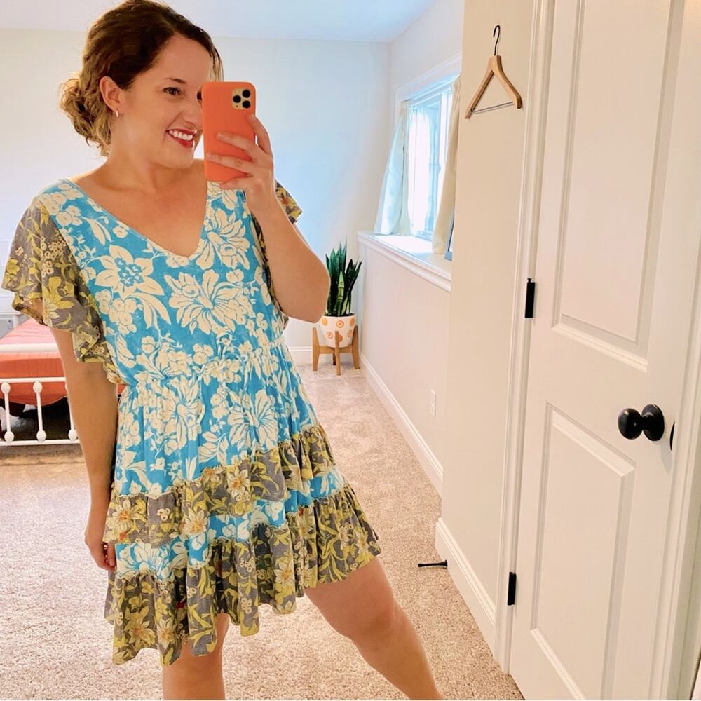 Anthropologie Daily Practice Blue Green Floral Mini Dress XS